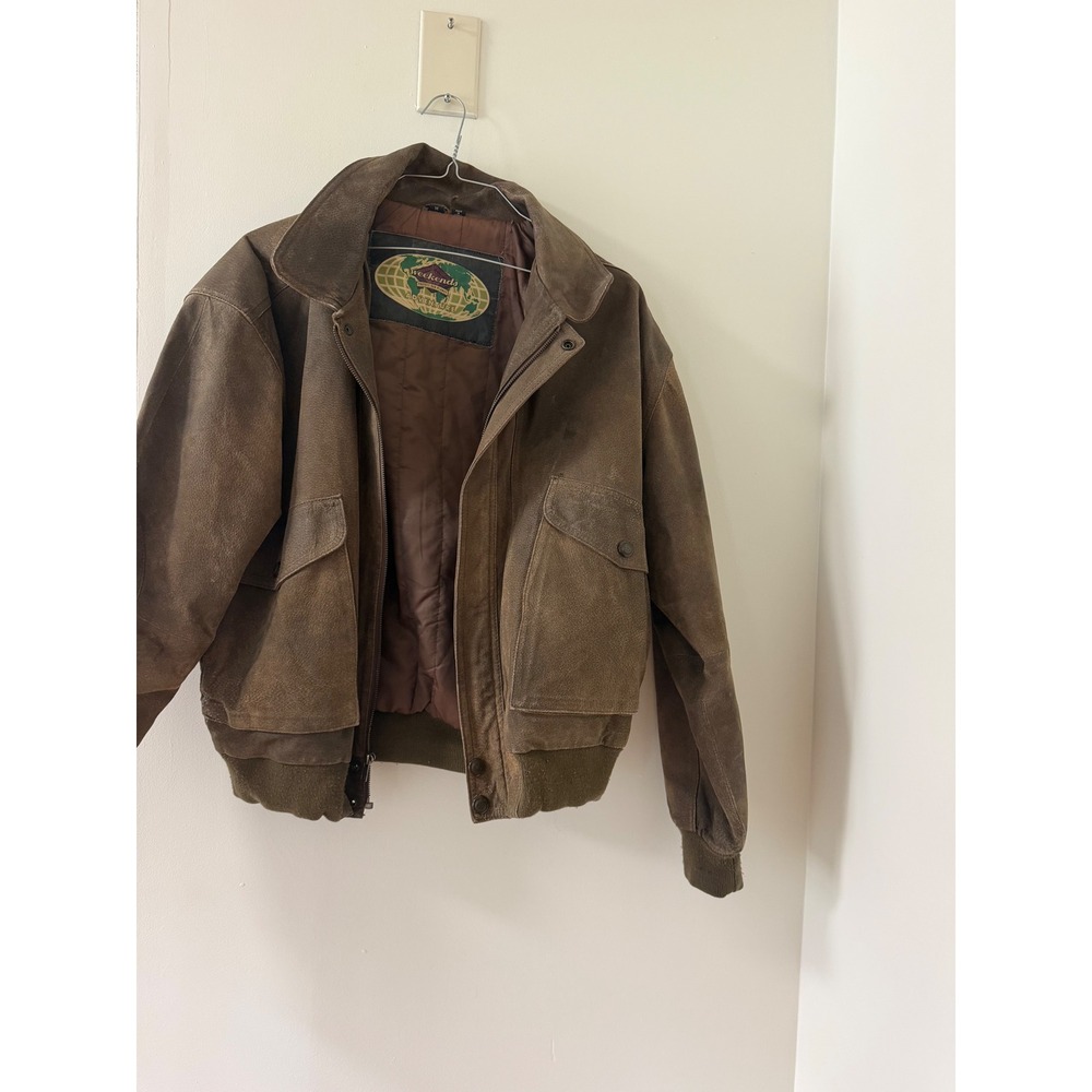 Weekends Adventure Bomber Jacket Mens M Brown Good Vintage Leather Aviator